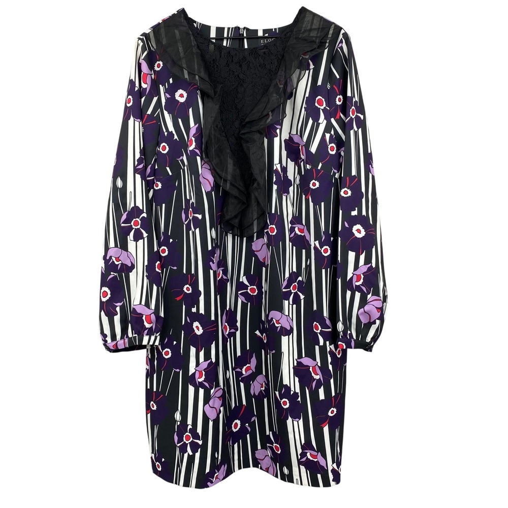 Eloquii Floral Stripe Lace Ruffle Dress Womens 18 Purple Long Sleeve‎ Shift Mod